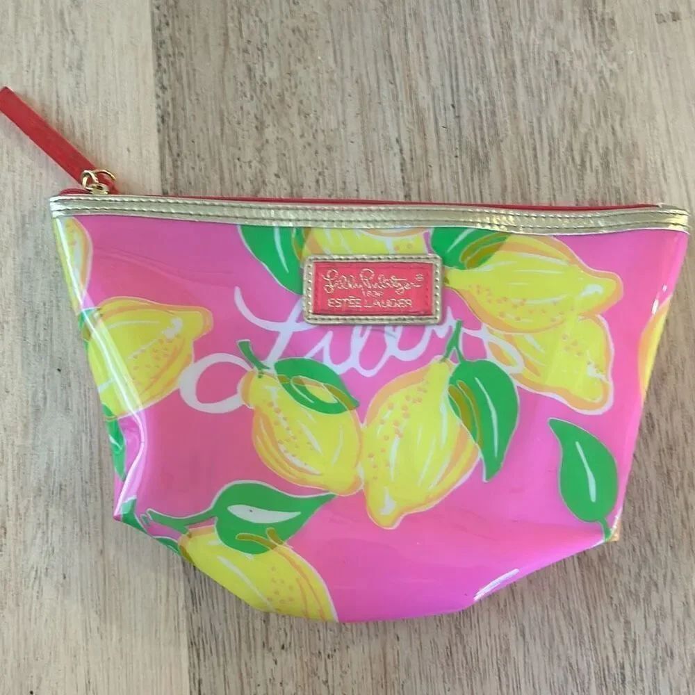 Lilly Pulitzer for Estee Lauder pink and yellow lemons zippered pouch cosmetic b